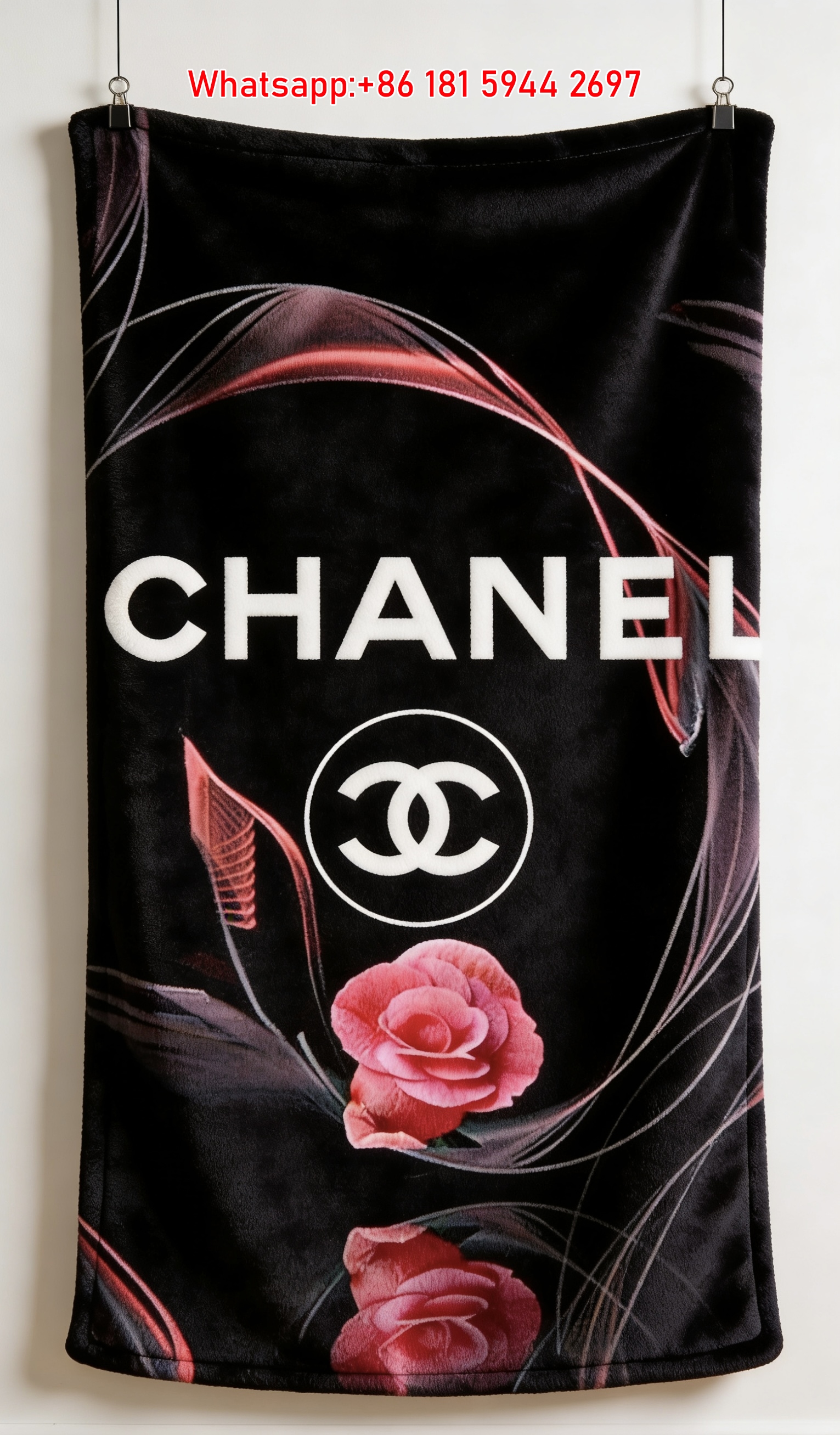 Chanel CC Logo Red Camellia Flannel Throw Blanket IMG_7163